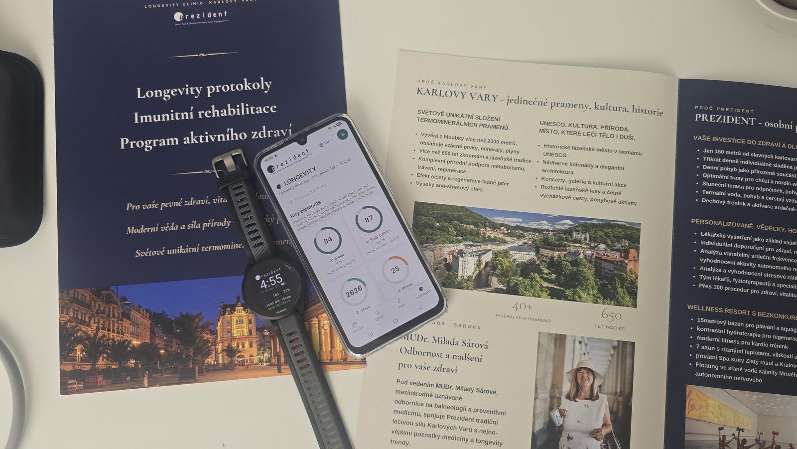 Implementace v Prezident Luxury Spa & Wellness Hotel (Karlovy Vary): značkové Longevity protokoly, hodinky Garmin s ciferníkem hotelu a portál hosta v telefonu.