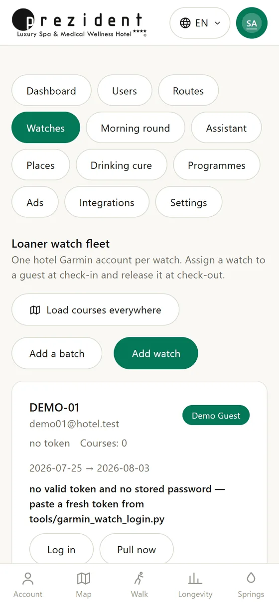 The Watches section: the fleet, each kit with its own state