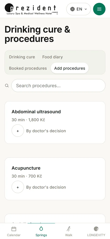 «Add procedures»: the catalogue with plus signs and one button at the foot