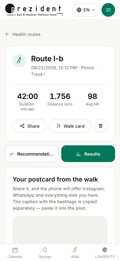 «Results»: the walk's numbers, the postcard and the buttons