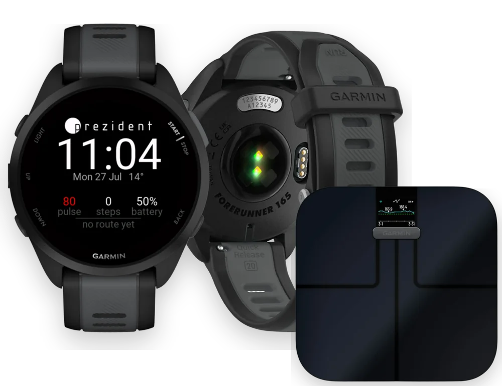 The programme's kit: a Garmin Forerunner 165 Music with the hotel's watch face and a Garmin Index S2 smart scale — both in European CE certification