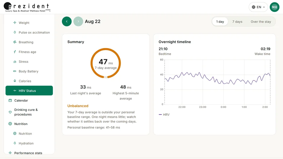 نافذة «HRV Status»: تقلب النبض الليلي 33 ملي ثانية، والمتوسط الأسبوعي 47 ملي ثانية، والنطاق الشخصي 41–58 ملي ثانية. يُرسم منحنى الليل عبر فترات مدتها خمس دقائق من النوم في الساعة 21:10 حتى الاستيقاظ في الساعة 02:19
