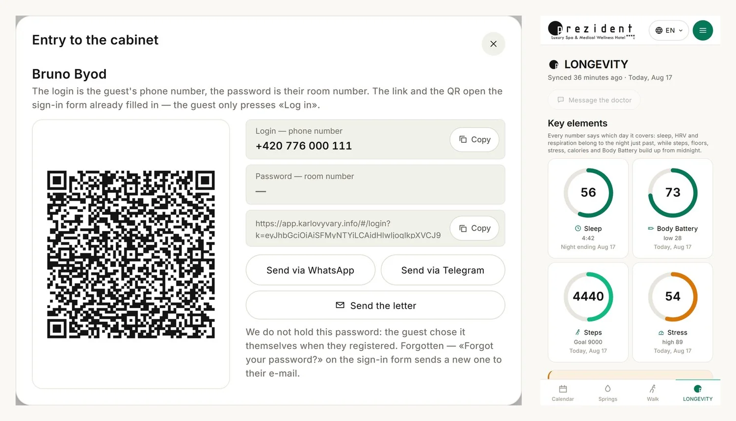 Prístupové okno na recepcii a účet hosťa: QR kód, prihlásenie cez telefón, tlačidlá na odoslanie do WhatsAppu a Telegramu – a obrazovka, ktorá sa hosťovi otvorí