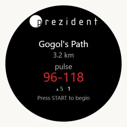 **1.** START on the face → «Longevity Prezident Walk» in the activity list. The idle screen opens
