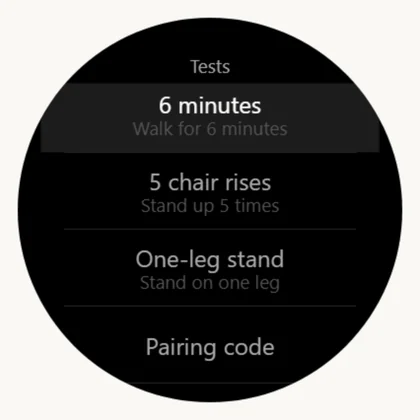 **2.** Hold UP. The menu: three tests and the code. UP/DOWN to choose, START to open