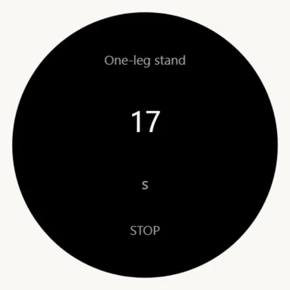 **5c.** «One-leg stand»: seconds. It never stops by itself — whoever is next to the guest presses STOP